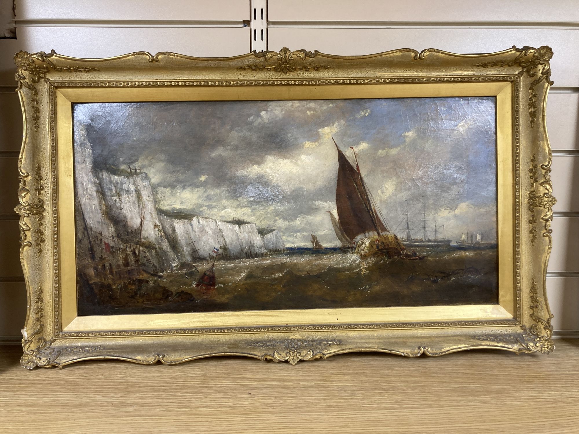 A. Dujardin, oil on canvas, Shipping off the Kent coast, signed, 33 x 65cm